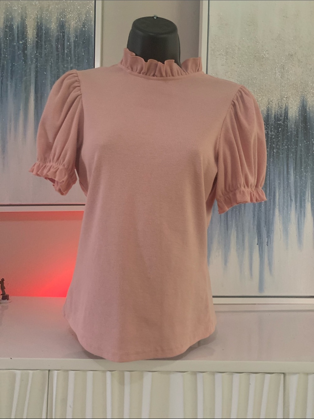Women's Ruffle Neck Puff Sleeve Top - Pink